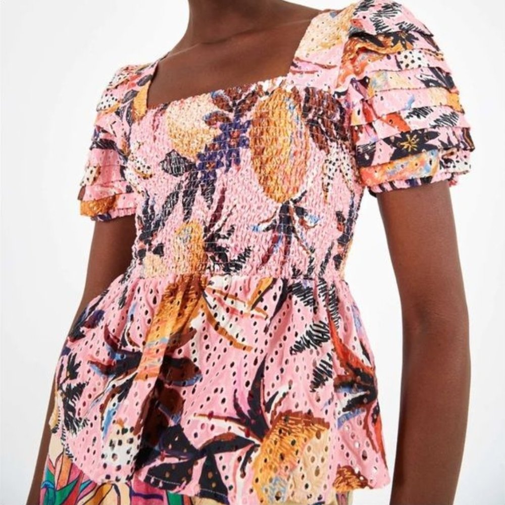 Farm Rio Puff Sleeve Pink Pineapple Smocked Peplum Eyelet Blouse